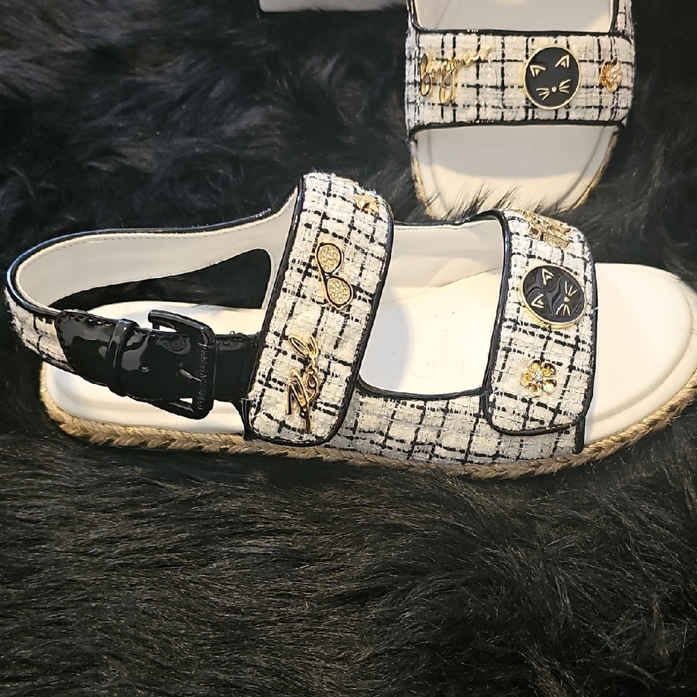 Karl Lagerfeld Women's Black and White Tweed Sandals - Picture 2 of 5